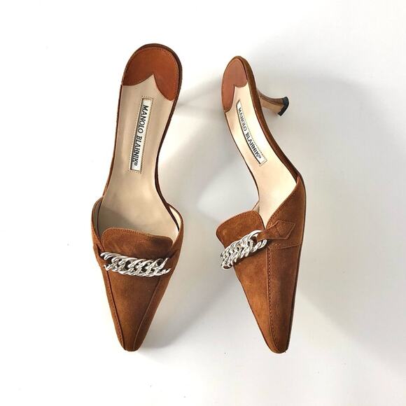 Manolo Blahnik Vintage Chain Link Brown Suede Kitten Heel Pointed Toe Mules 37 - Picture 2 of 12